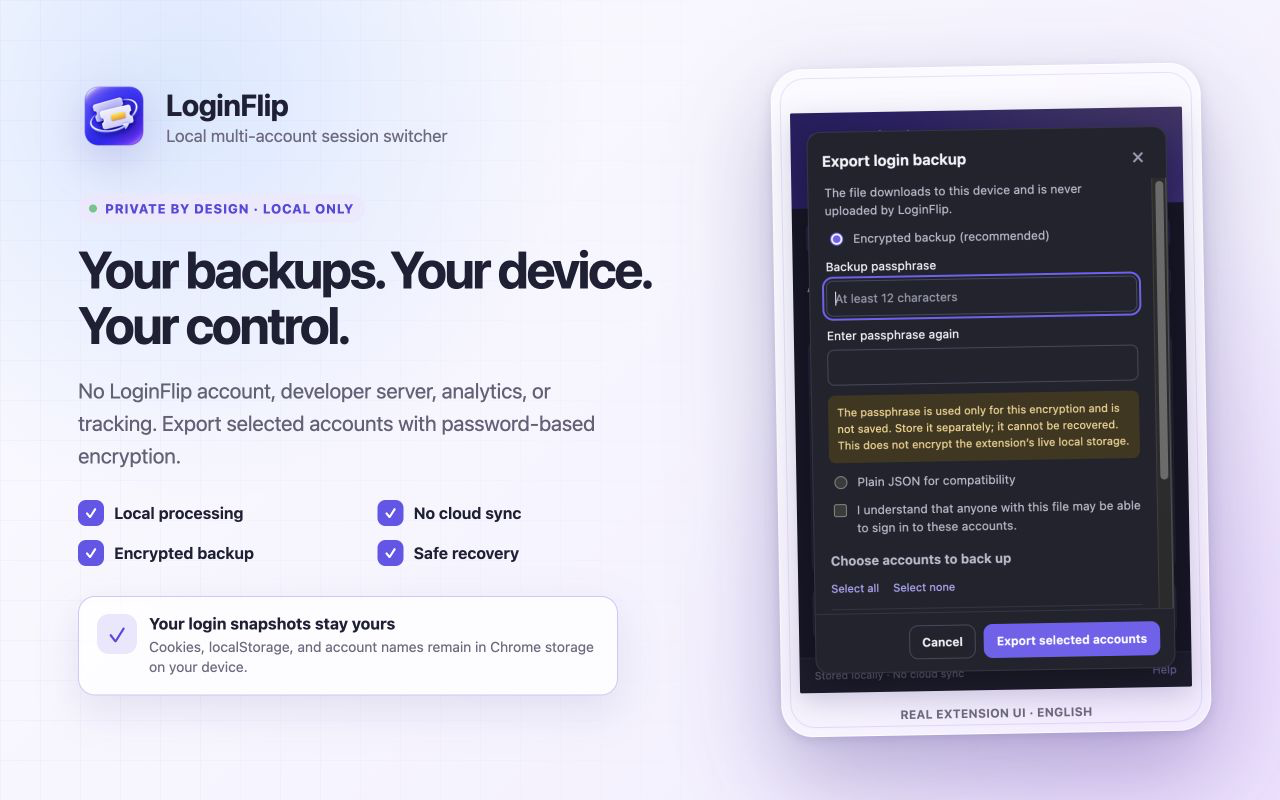 LoginFlip encrypted local backup interface